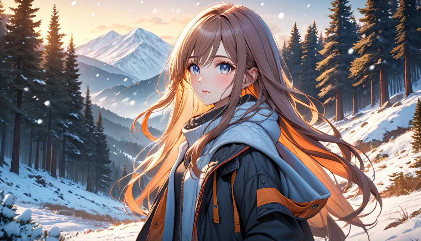 a beautiful young woman in a spring mountain landscape with light snow, anime style, 1girl, detailed face and eyes, delicate facial features, long hair, standing in a snowy meadow, pine trees in the background, scenic mountain view, soft lighting, warm color palette, glowing skin, detailed clothing, (best quality,4k,8k,highres,masterpiece:1.2),ultra-detailed,(realistic,photorealistic,photo-realistic:1.37),vibrant colors,cinematic lighting,detailed texture,intricate details