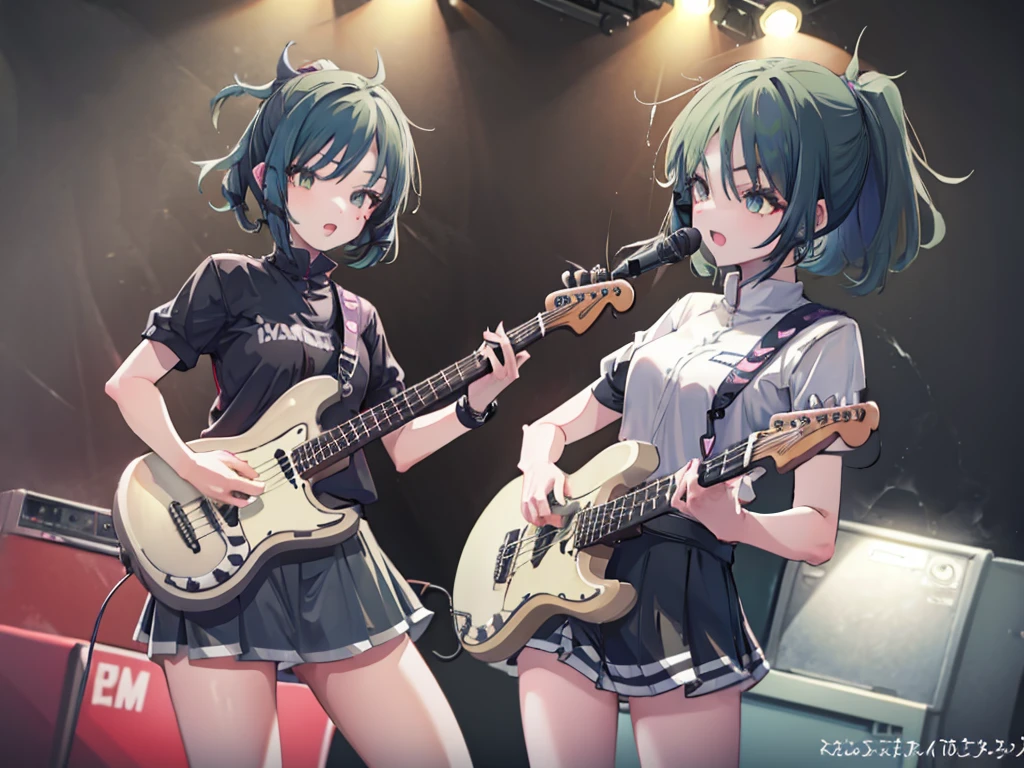 Two Girls,Guitar and vocals,Black Mini Skirt,short cut and ponytail,Music Stage,Singing passionately