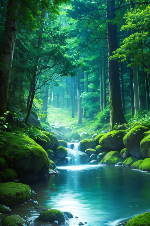 Deep in the forest、wood々Moss、Beautiful stream、Mysterious Forest、full moon、A bright moonlit night