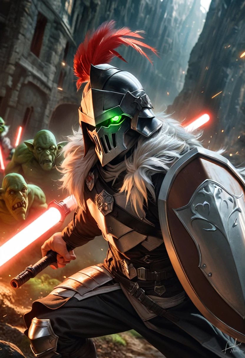 perfect hands, perfect finger,perfect anatomy, masterpiece, best quality,realistic, hyperrealistic, 16k hdr,1 muscular man,,goblin slayer, armor, helmet, green glowing eye, plume, fur collar, (Lightsabers,shield:1.4),fantasy world,outdoor,fighting pose,dynamic pose,upper body,dynamic angle