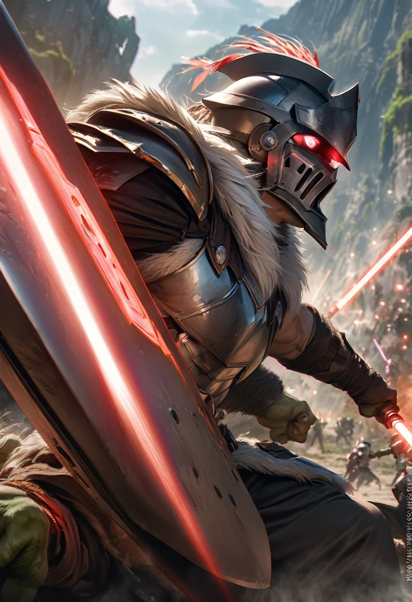 perfect hands, perfect finger,perfect anatomy, masterpiece, best quality,realistic, hyperrealistic, 16k hdr,1 muscular man,,goblin slayer, armor, helmet, green glowing eye, plume, fur collar, (Lightsabers,shield:1.4),fantasy world,outdoor,fighting pose,dynamic pose,upper body,dynamic angle