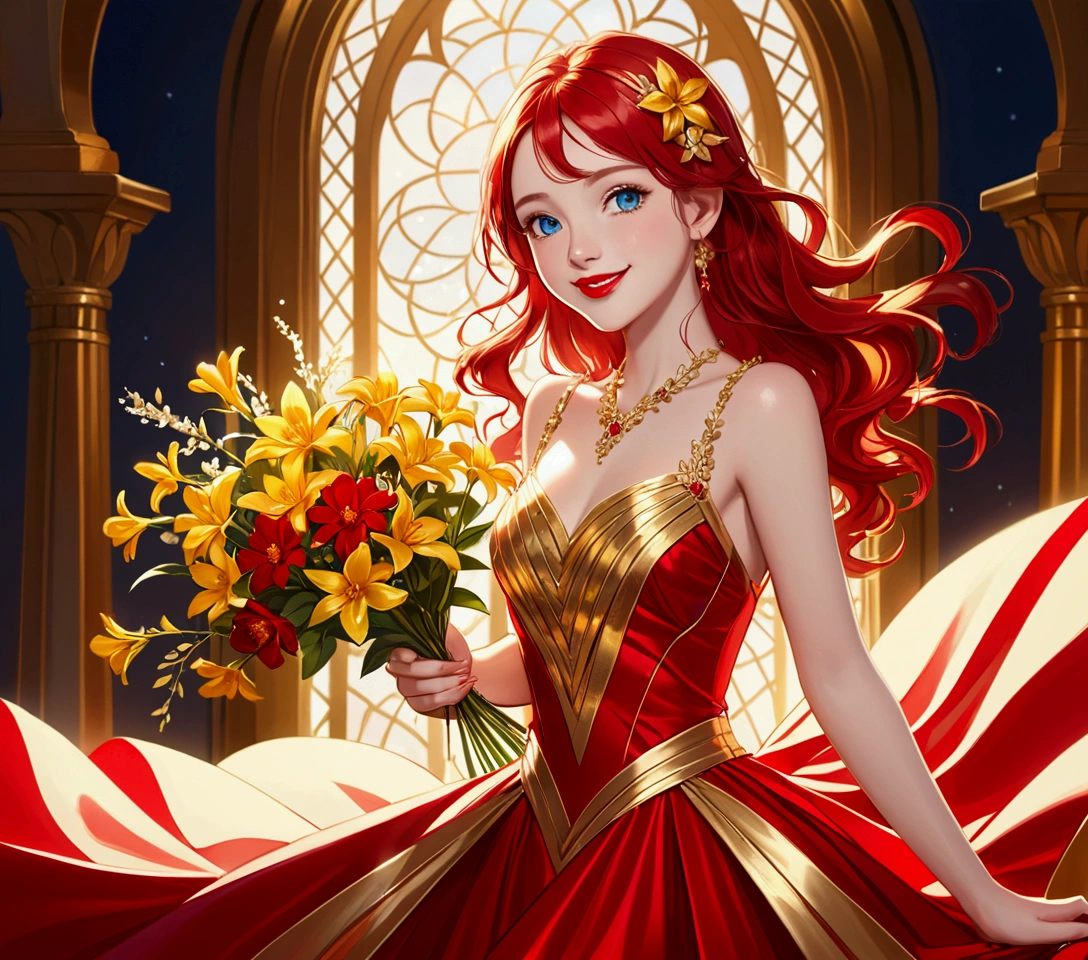 Girl, red dress, gold stripe in the middle of the dress, a shiny gold flower, red hair, blue eyes, and a red lip.smile ,,Cheerful girl,crystalline dress