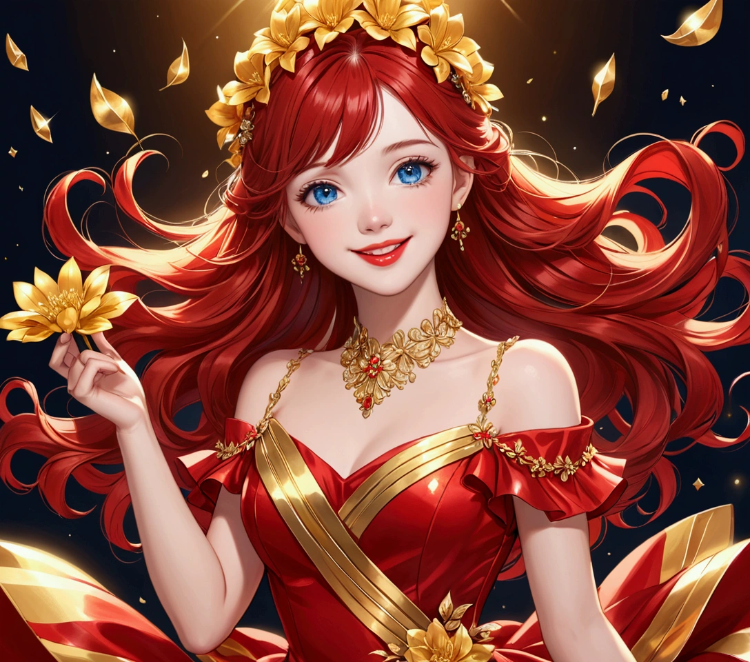 Girl, red dress, gold stripe in the middle of the dress, a shiny gold flower, red hair, blue eyes, and a red lip.smile ,,Cheerful girl,crystalline dress