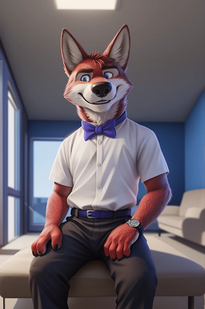 Ivan Fedorovich Wolfbach (Novosibirsk) ,Tall, handsome man, wolf,young, 24 years, brown fur,Kind,(red body:1,3),beautiful blue eyes,Novosibirsk,dressed, shirt, purple bow tie, trousers,white crossover sandals , is sitting,wolf, fur detail, a male, paw pads, finger claws, per viewer, 5 fingers, paws, 5 fingers, smile, wrist watch, nextel, by xenoforge, (Difficult, high detail, digital photography, soft focus, разновидность RAW, Very close to the camera, variety, Novosibirsk, smile, good mood, positive, Very close to the cameraу,apartment, holding a pen,
Photorealism, realism, digital style, Subsurface scattering, I look at the viewer,
masterpiece, Best quality, ultra realistic, 8 thousand.)