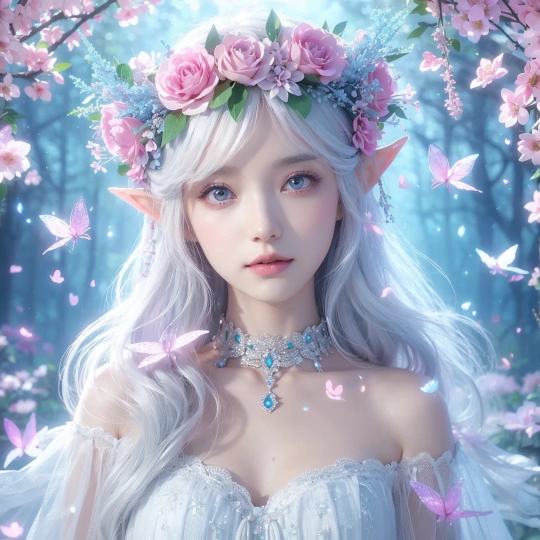 beautiful woman, white hair, white eyes, wearing pink and light blue flower crown, wearing white dress, elf ear, "surrounded by light blue, pink, and purple light, magic forest background