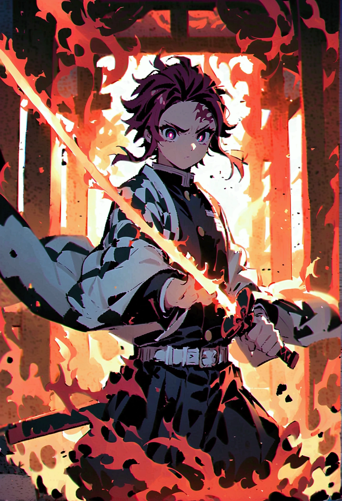 tanjiro kamado, Demon Slayer Anime, Focus of weapons，Bright redhead, Glowing red eyeballs，Intricate tattoos，(With a flaming sword in hand:1.5)，Elements of danger and tension，Checkered clothing, Demon Slayer uniform, Black trousers, Finding, fire, explode, Dynamic pose, Temple, vision