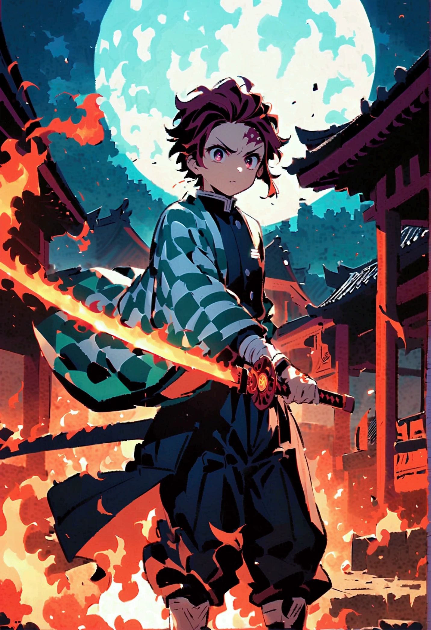 tanjiro kamado, Demon Slayer Anime, Focus of weapons，Bright redhead, Glowing red eyeballs，Intricate tattoos，(With a flaming sword in hand:1.5)，Elements of danger and tension，Checkered clothing, Demon Slayer uniform, Black trousers, Finding, fire, explode, Dynamic pose, Temple, vision