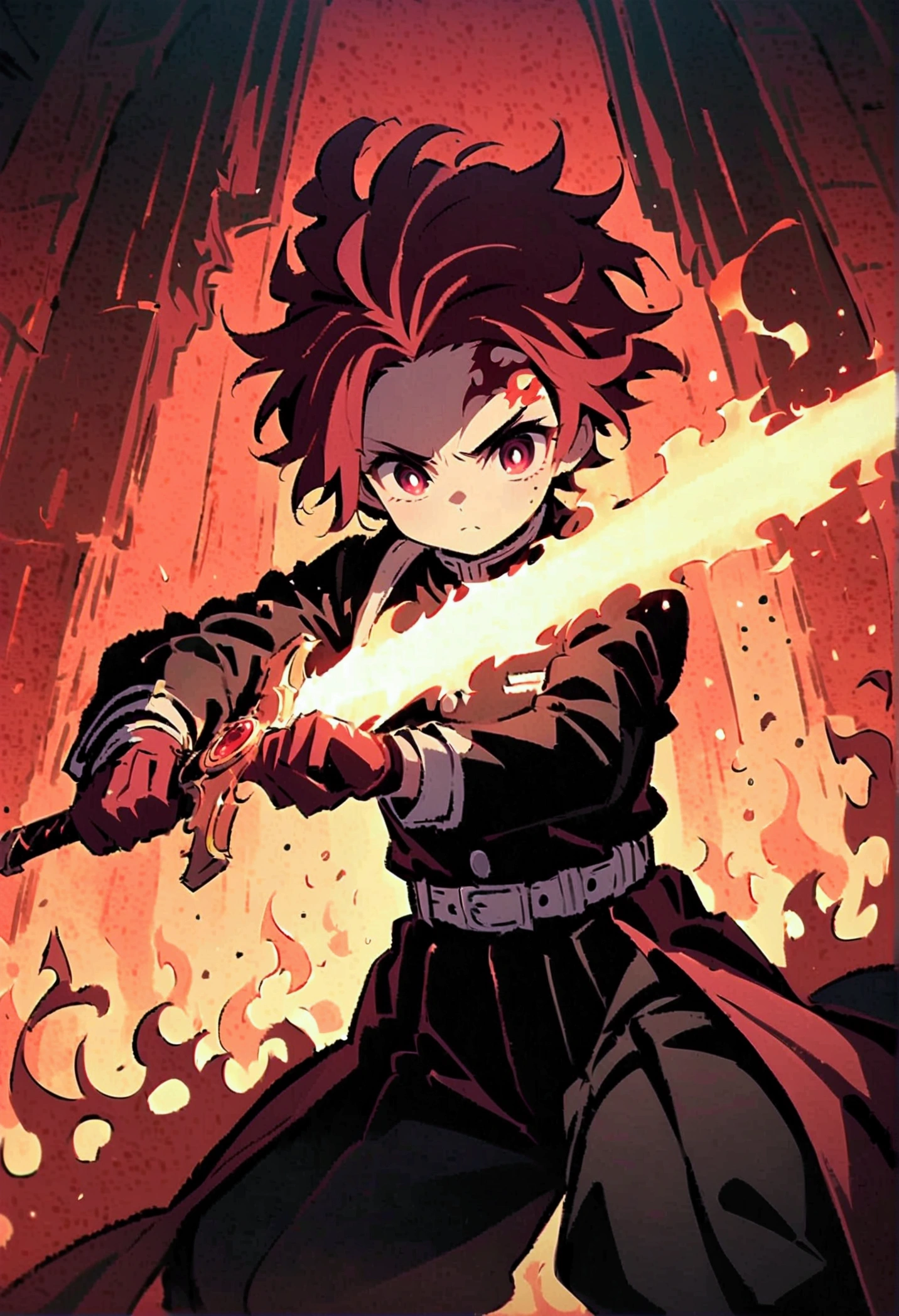 tanjiro kamado, Demon Slayer Anime, Focus of weapons，Bright redhead, Glowing red eyeballs，Intricate tattoos，(With a flaming sword in hand:1.5)，Elements of danger and tension，Checkered clothing, Demon Slayer uniform, Black trousers, Finding, fire, explode, Dynamic pose, Temple, vision