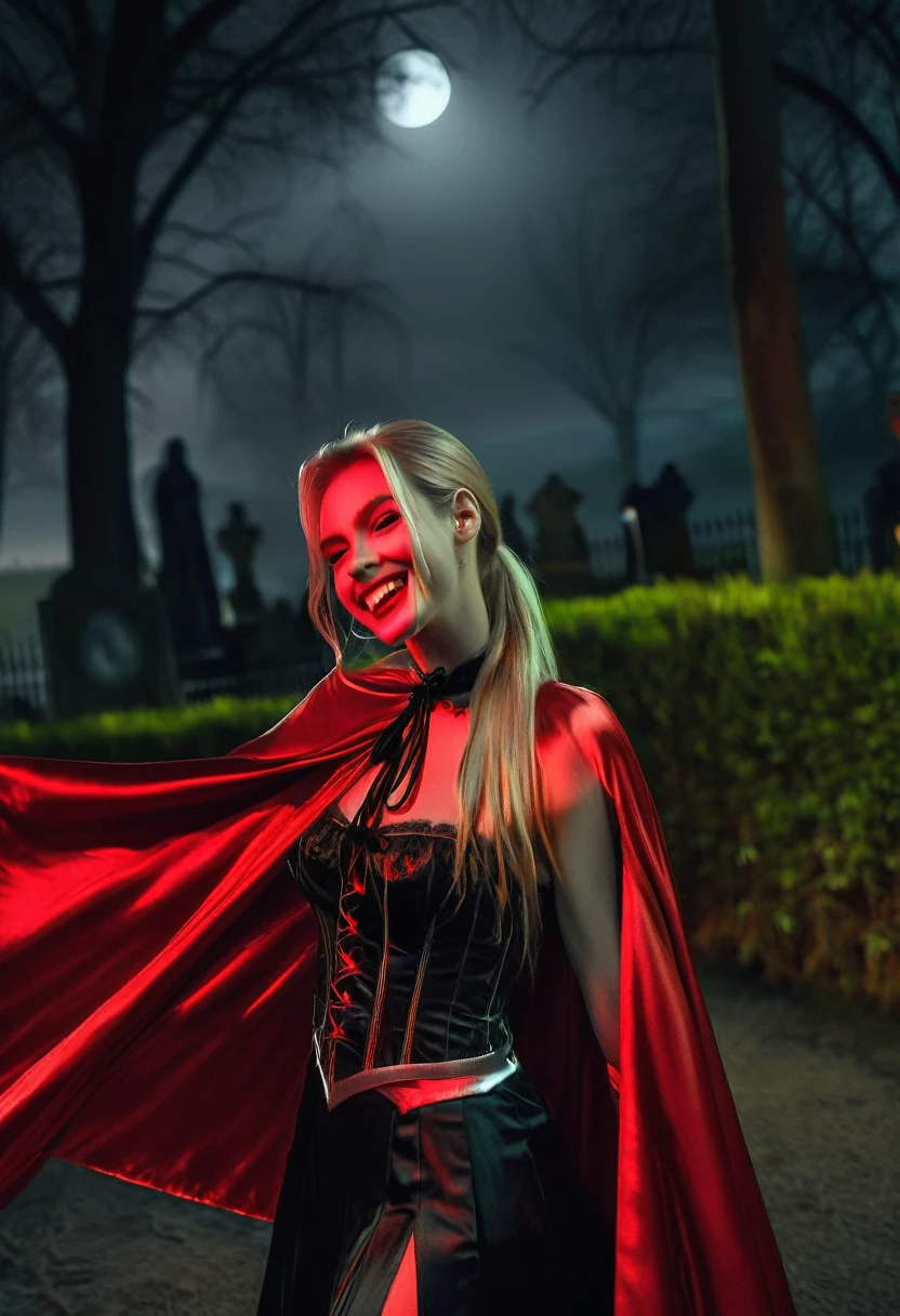 Vampyfangs1,(RAW photo) , 1girl, cute, 20 years old, long blonde hair in ponytail, smiling, look at viewer, ((((silver and red lined satin cape tied at the neck)))+++, side spilt skirt , moonlit graveyard , photo, realistic, best quality, hires, detailed face, detailed background, diffused lighting, depth of field, bokeh