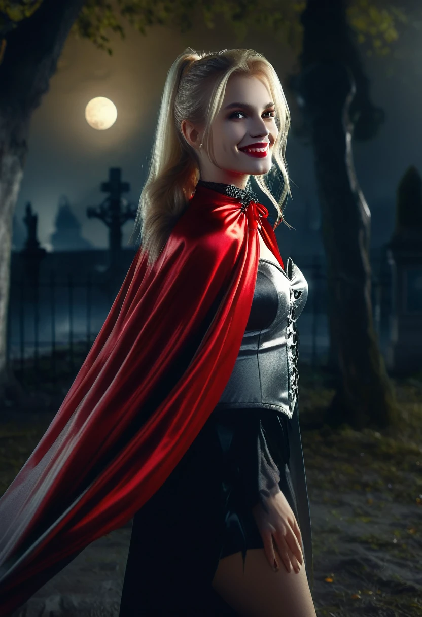 Vampyfangs1,(RAW photo) , 1girl, cute, 20 years old, long blonde hair in ponytail, smiling, look at viewer, ((((silver and red lined satin cape tied at the neck)))+++, side spilt skirt , moonlit graveyard , photo, realistic, best quality, hires, detailed face, detailed background, diffused lighting, depth of field, bokeh