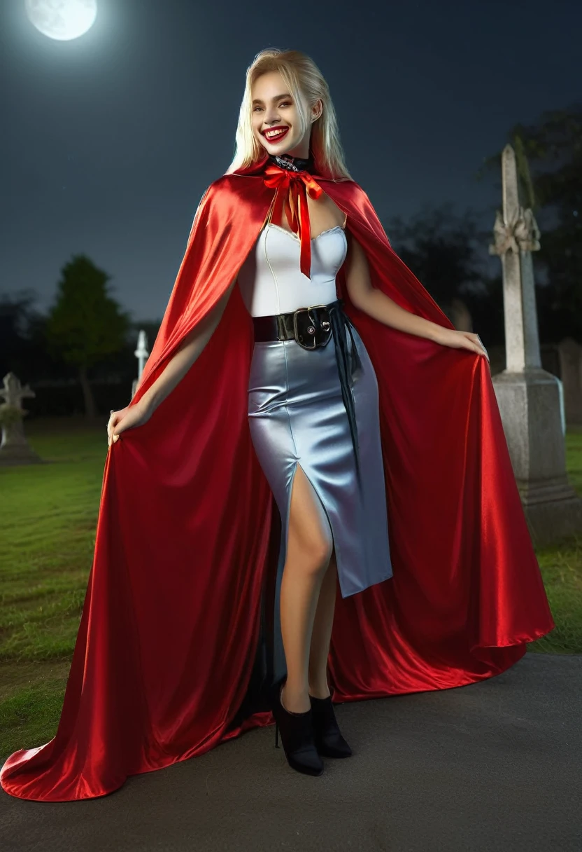 Vampyfangs1,(RAW photo) , 1girl, cute, 20 years old, long blonde hair in ponytail, smiling, look at viewer, ((((silver and red lined satin cape tied at the neck)))+++, side spilt skirt , moonlit graveyard , photo, realistic, best quality, hires, detailed face, detailed background, diffused lighting, depth of field, bokeh