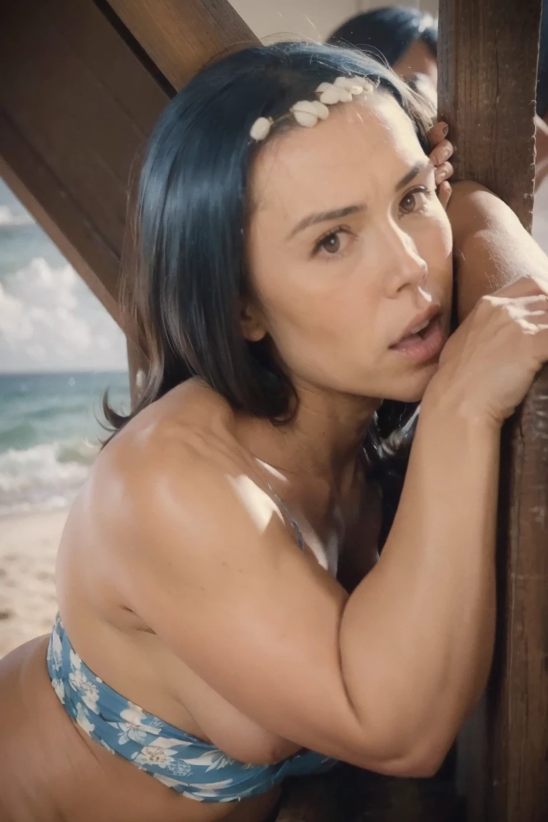 Consistency, (best quality), (masterpiece), detailed, depth of field, perfect lighting, 1girl, mature caucasian-hawaiian female, about 48 yo, blue eyes, blue hair, low ponytail, (forehead pearly ornament:1.5), my face telling you I know I'm cheating and I love it, (best quality), (masterpiece), detailed, depth of field, sleeveless, see-through tranparent lingerie-like sundress, blue hair, upper body, huge natural breasts, lustful cheating expression - kissing kissing kissing other black guy, naughty sensual milf, (my arms behind my head:1.3), BREAK, (scene: beggar's hut by the beach - Hawaii vibes),
