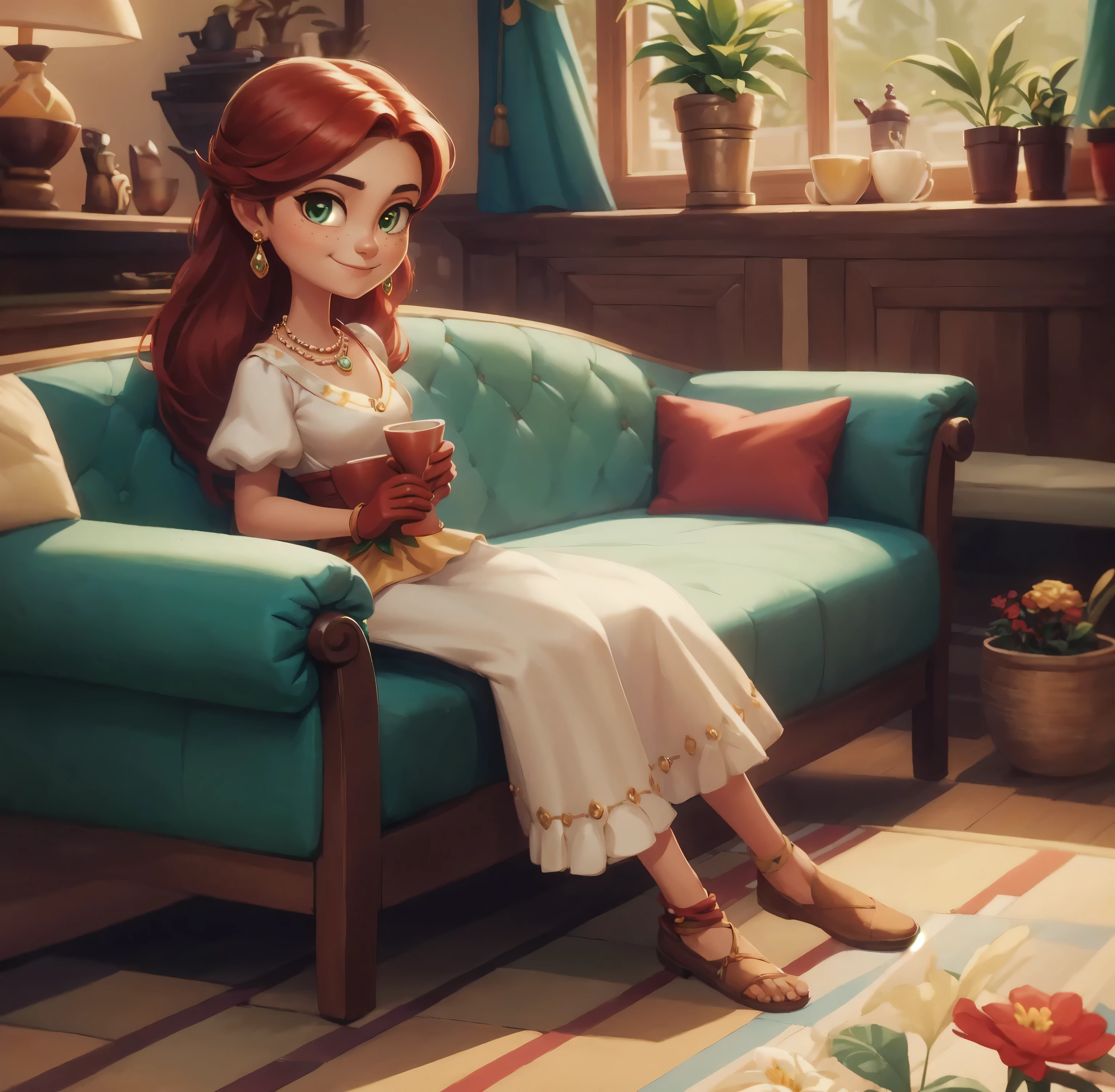 Concept Art,character illustration of a,European and American cartoons,(whole body:1.5),Mid-Long View,carpet,(Looking at the camera:1.5),shoe,A 20-year-old blonde girl happily sits in the living room,Holding a Cup of coffee,A laid-back expression,happy,hapiness,Smile,Relax,Leisure,European and American cartoons,1 Girl,freckle,Solitary,Jewelry,Green Eyes,Weaving,earrings,twin Weavings,necklace,Looking at the audience,Red hair,plant,Puff sleeves,bracelet,Smile,Long hair,puffy short sleeve,Necklace,dress,flower,Coffee Cup,Gloves,earrings,Jewelry,Elbow Gloves,Cup,,sit,sofa,window,sofa,living room,独奏