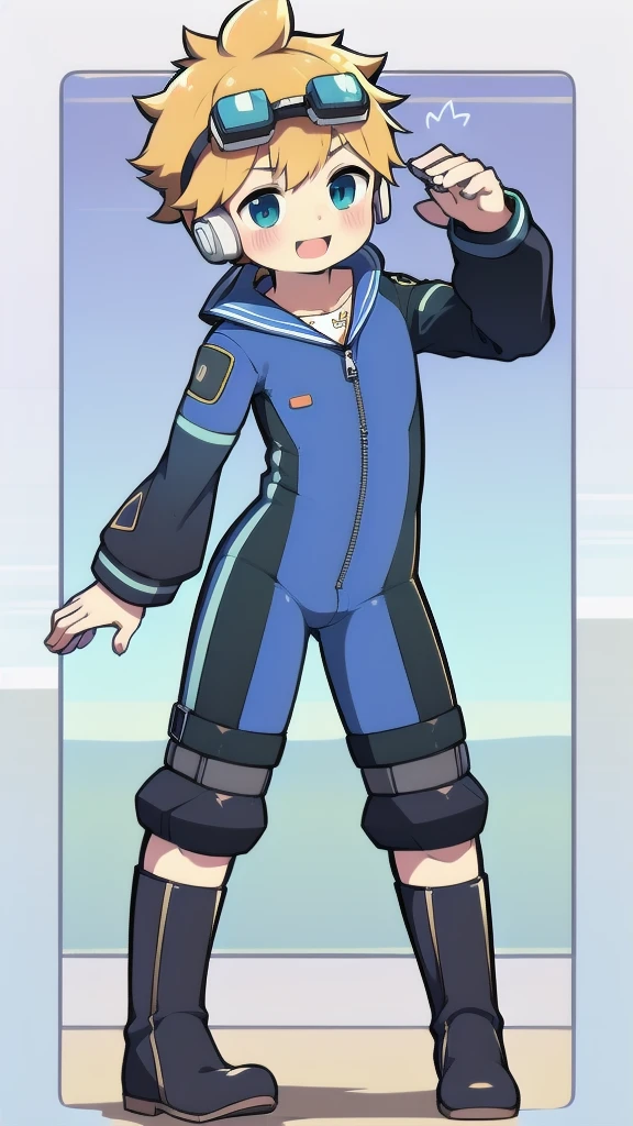 2D Boy Shota,One-piece mountaineering suit,Slim, healthy body,Put the headphones on your head,stand up,goggles,happy,Sailor collar,tie,Zipper pulled down,boots,strap,Hip thrust