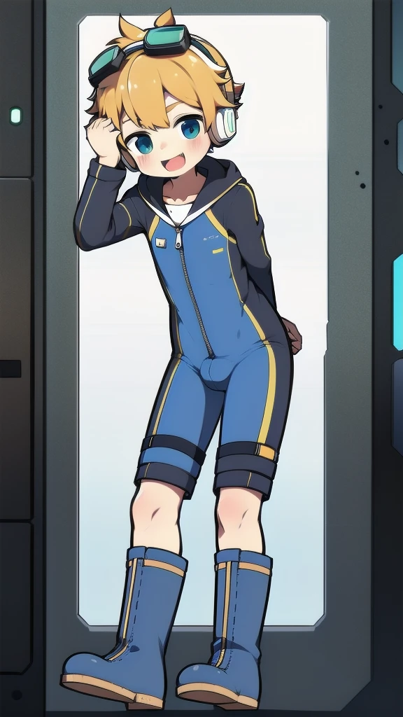 2D Boy Shota，One-piece mountaineering suit，Slim, healthy body，Put the headphones on your head，stand up，goggles，happy，Sailor collar，tie，Zipper pulled down，boots，strap，Hip thrust