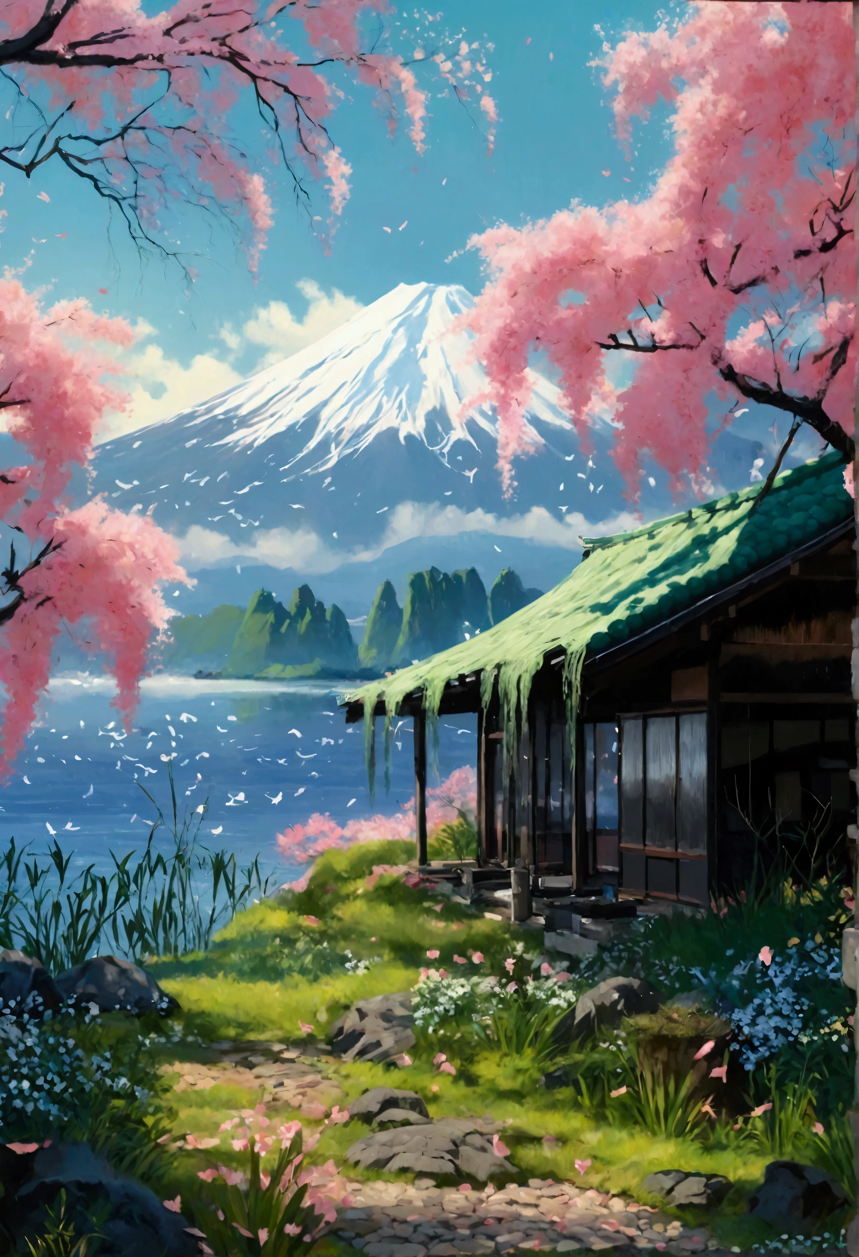 A hut on the lakeside with a view of Mt. Fuji、The pillars are made of black and white seaweed rolls.、The roof is made of matcha warabimochi、The rest are made of Japanese sweets.。Cherry blossoms falling in the morning sun。