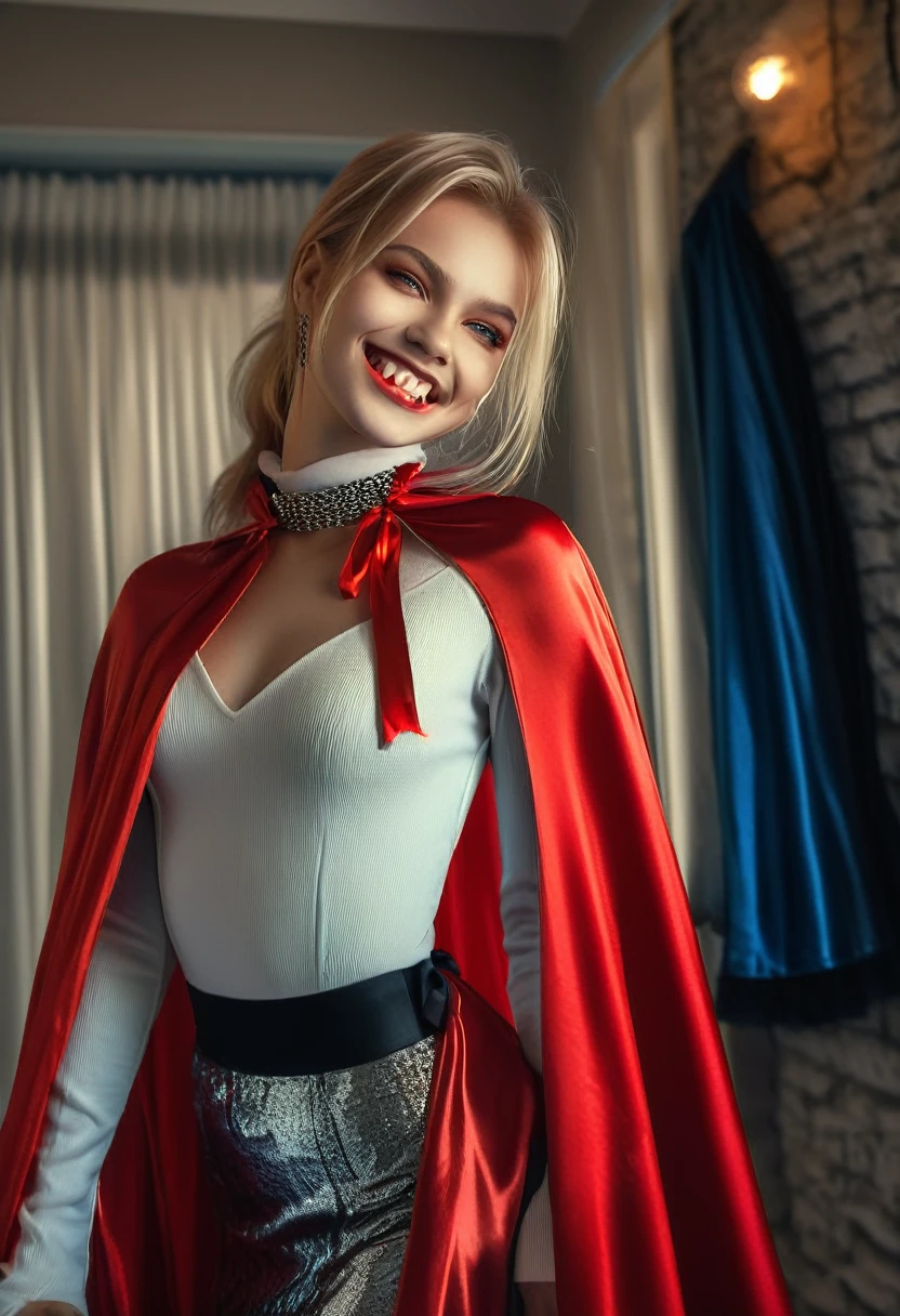Vampyfangs1,(RAW photo) , 1girl, cute, 20 years old, long blonde hair in ponytail, smiling, look at viewer, ((((silver and red lined satin cape tied at the neck)))+++, side spilt skirt , bedroom, photo, realistic, best quality, hires, detailed face, detailed background, diffused lighting, depth of field, bokeh