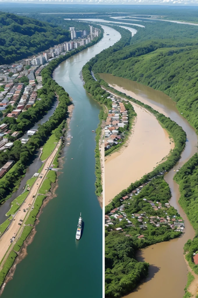An image to paste on a pen card, in the background an image of the Tiete River in the region of the city of Anhembi and in the front an image with a dredging vessel that is carried out in rivers in the region 