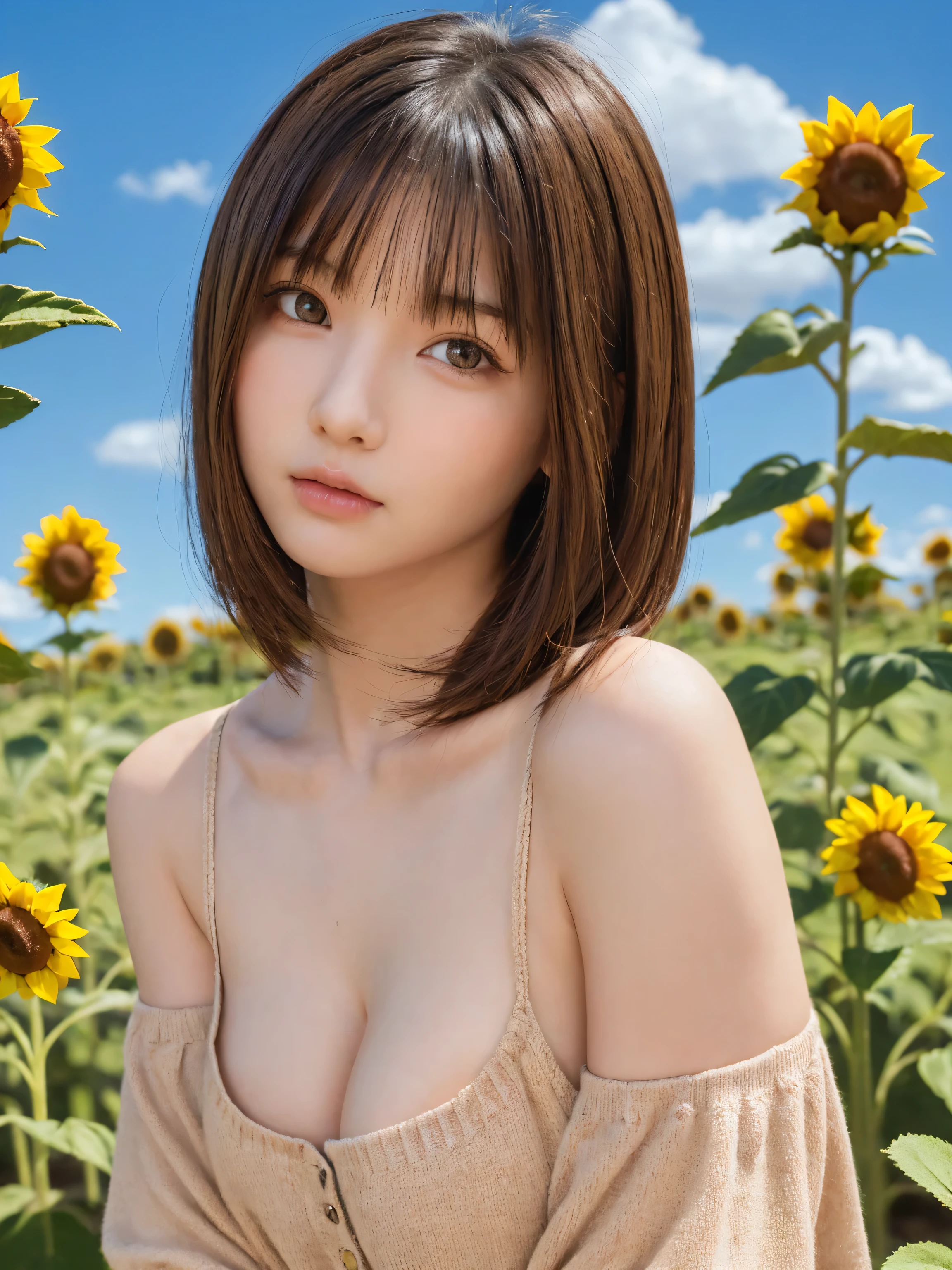 One Girl, (beautiful girl, Delicate girl:1.3), (s old:1.3),
break, (Off-the-shoulder tops:1.2),
break, (Sunflower field background:1.2),
break, Very beautiful eyes, (Symmetrical eyes:1.3),
break, (Big Breasts:1.3), Brown eyes, Parted bangs, Brown bob cut hair, Round face, cute,
break, (Eye and facial details:1.0),
break, (masterpiece, Highest quality, Very detailed, Detailed face, 8K)