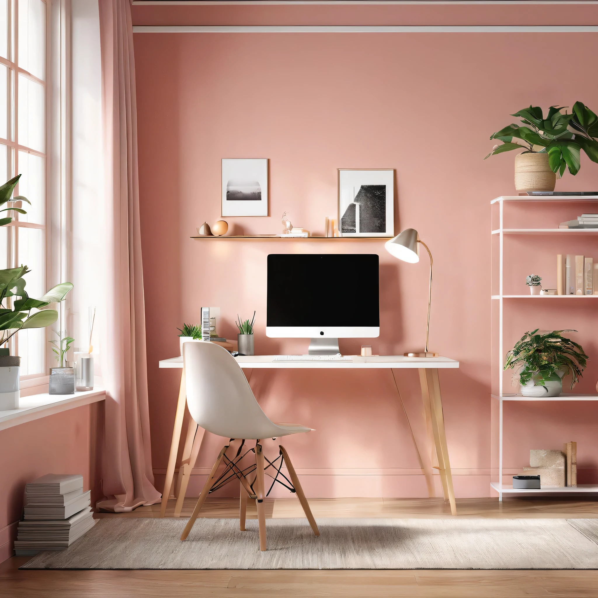 a highly detailed and photorealistic interior scene, a desk with a laptop on it, minimalist design, elegant lighting, (best quality,4k,8k,highres,masterpiece:1.2),ultra-detailed,(realistic,photorealistic,photo-realistic:1.37),studio lighting,ultra-fine painting,sharp focus,physically-based rendering,extreme detail description,professional,vivid colors,elegant