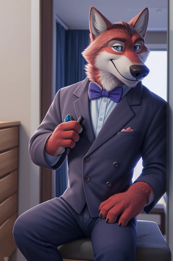 Ivan Fedorovich Wolfbach (Novosibirsk) ,Tall, handsome man, wolf,young, 24 years, brown fur,Kind,(red body:1,3),beautiful blue eyes,Novosibirsk,dressed, shirt, purple bow tie, trousers,white sneakers sandals, is sitting,wolf, fur detail, a male, paw pads, finger claws, per viewer, 5 fingers, paws, 5 fingers, smile, wrist watch, nextel, by xenoforge, (Difficult, high detail, digital photography, soft focus, разновидность RAW, Very close to the camera, variety, Novosibirsk, smile, good mood, positive, Very close to the cameraу,apartment, holding a pen, 
Photorealism, realism, digital style, Subsurface scattering, I look at the viewer, 
masterpiece, Best quality, ultra realistic, 8 thousand.)