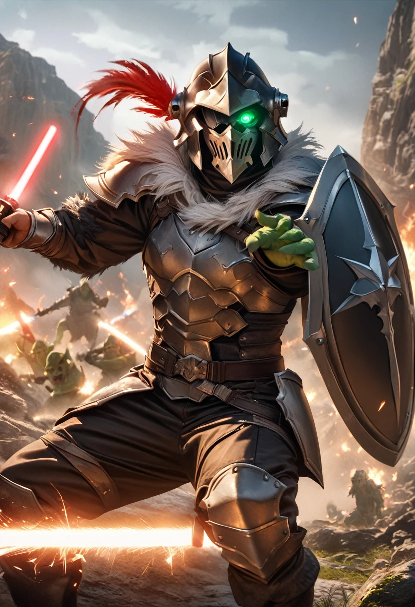 perfect hands, perfect finger,perfect anatomy, masterpiece, best quality,realistic, hyperrealistic, 16k hdr,1 muscular man,,goblin slayer, armor, helmet, green glowing eye, plume, fur collar, (Lightsabers,shield:1.4),fantasy world,outdoor,fighting pose,dynamic pose,upper body,dynamic angle