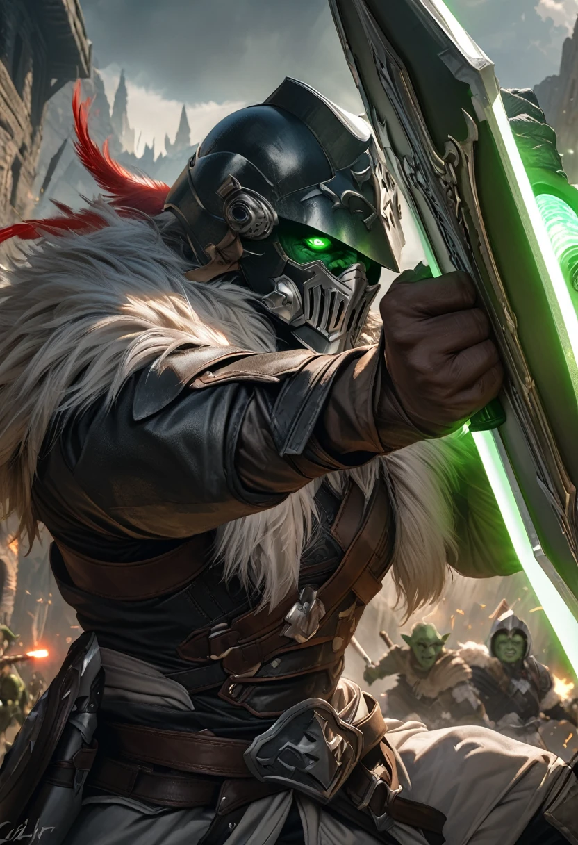 perfect hands, perfect finger,perfect ???????, masterpiece, best quality,realistic, hyperrealistic, 16k hdr,1 muscular man,,goblin slayer, armor, helmet, green glowing eye, plume, fur collar, (Lightsabers,shield:1.4),fantasy world,outdoor,fighting pose,dynamic pose,upper body,dynamic angle