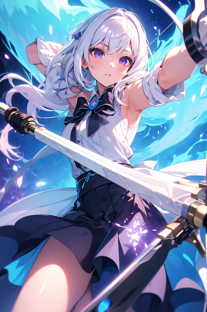 (masterpiece, best quality, chromatic aberration), colorful, 1girl, white hair, purple eyes, bow, wielding bow, archery, blue flames, glow, glowing weapon, light particles,