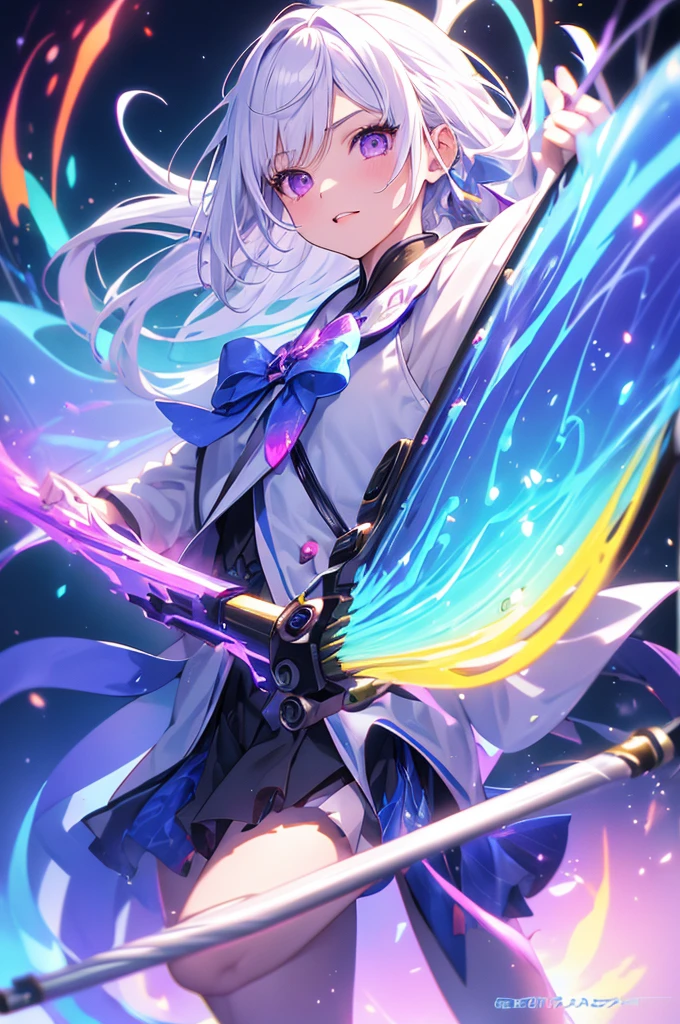 (masterpiece, best quality, chromatic aberration), colorful, 1girl, white hair, purple eyes, bow, wielding bow, archery, blue flames, glow, glowing weapon, light particles,