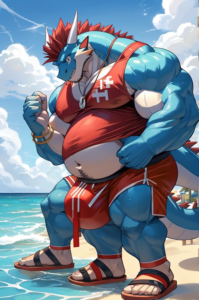 Big buff embarrassed blue cartoon dragon with a humongous ginormously oversized inflated beige stomach, high blue, white eyes with black pupils, big oversized bellybutton, light blue back, lifeguard tank top overhanging on top of his huge stomach, green necklace with dragon tooth, shocked look on his face, high pink blush, spiky red mohawk hairline, red arm necklace, huge ginormous muscular build with gigantic nipples, body hair across his chest and oversized stomach, water droplets all over his muscular body, one hand holding his giganticly oversized stomach, red lifeguard shorts, sandals, standing on a beach resort in a ready to fart position and farting out a huge enormous light green toxic gas cloud coming out of his butthole behind him
