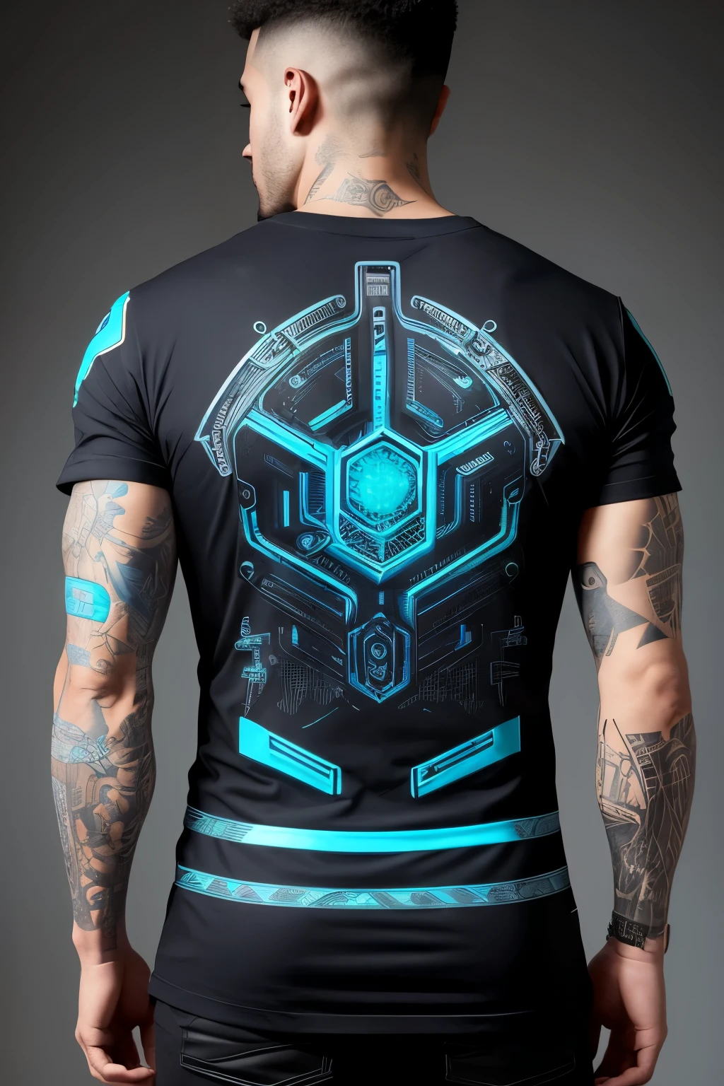 Design a cyberpunk-themed t-shirt, featuring a captivating acid wash background that exudes a futuristic charm. The front of the t-shirt showcases a bold, neon blue symbol or text, meticulously crafted with intricate digital circuitry and cybernetic patterns, embodying the essence of the cyberpunk genre. This design is positioned in a similar style to the reference image, but with a unique, innovative twist.
The back of the t-shirt boasts a complex, high-tech spinal design, made up of neon blue accents, resembling advanced technology. This design is intricate and detailed, reflecting the cutting-edge nature of the