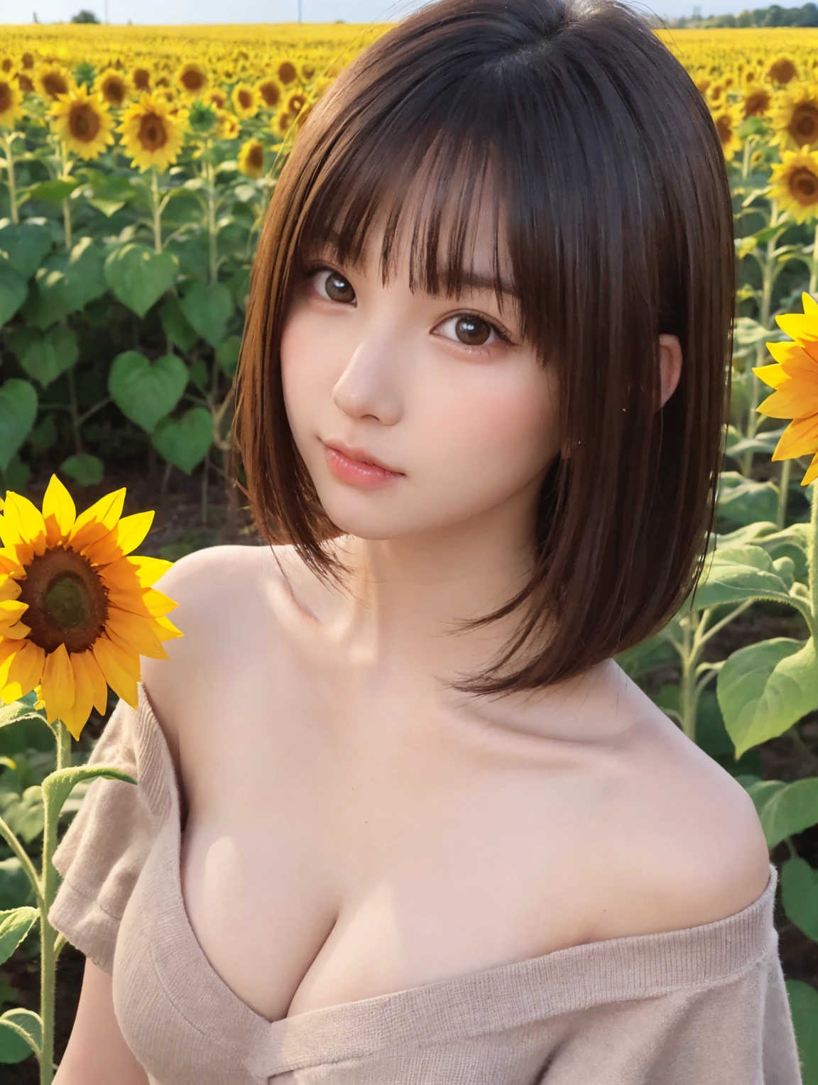 One Girl, (beautiful girl, Delicate girl:1.3), (16 years old:1.3),
break,  (Off-the-shoulder tops:1.2),
break, (Sunflower field background:1.2),
break, Very beautiful eyes, (Symmetrical eyes:1.3),
break, (Big Breasts:1.3), Brown eyes, Parted bangs, Brown bob cut hair, Round face, cute,
break, (Eye and facial details:1.0),
break, (masterpiece, Highest quality, Very detailed, Detailed face, 8K)