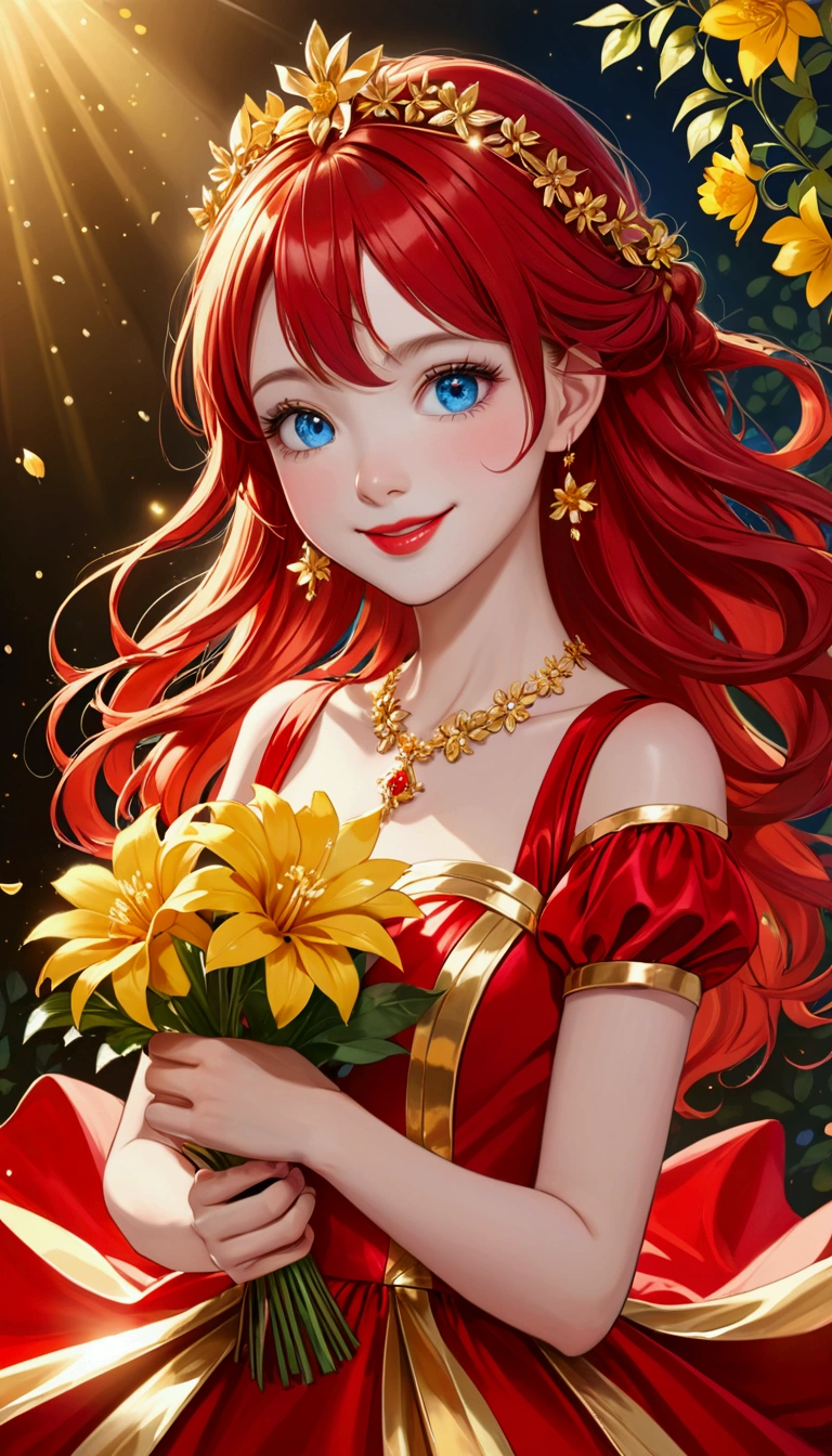 Girl, red dress, gold stripe in the middle of the dress, a shiny gold flower, red hair, blue eyes, and a red lip.smile ,,Cheerful girl,crystalline dress