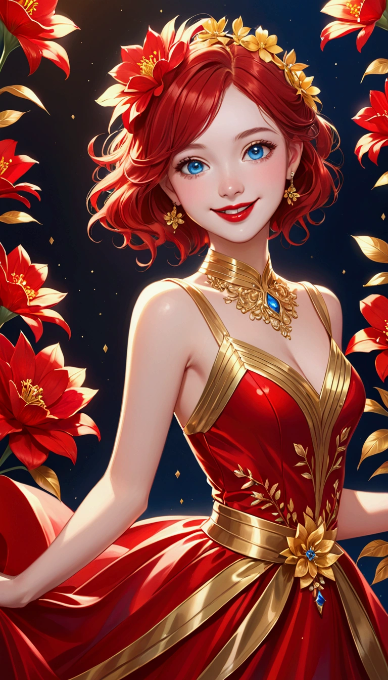 Girl, red dress, gold stripe in the middle of the dress, a shiny gold flower, red hair, blue eyes, and a red lip.smile ,,Cheerful girl,crystalline dress