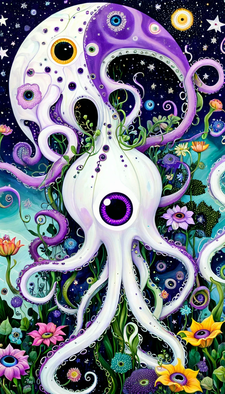 &quot;Dick Ellescas Artist Style&quot;,house，plant，flower，Tentacles，eyeball、Starry Sky，Stitching together an abstract painting，Describing the inner world of autistic people，Sense of space，White Space，interesting，Innocence，Psychedelic Art，Purple theme