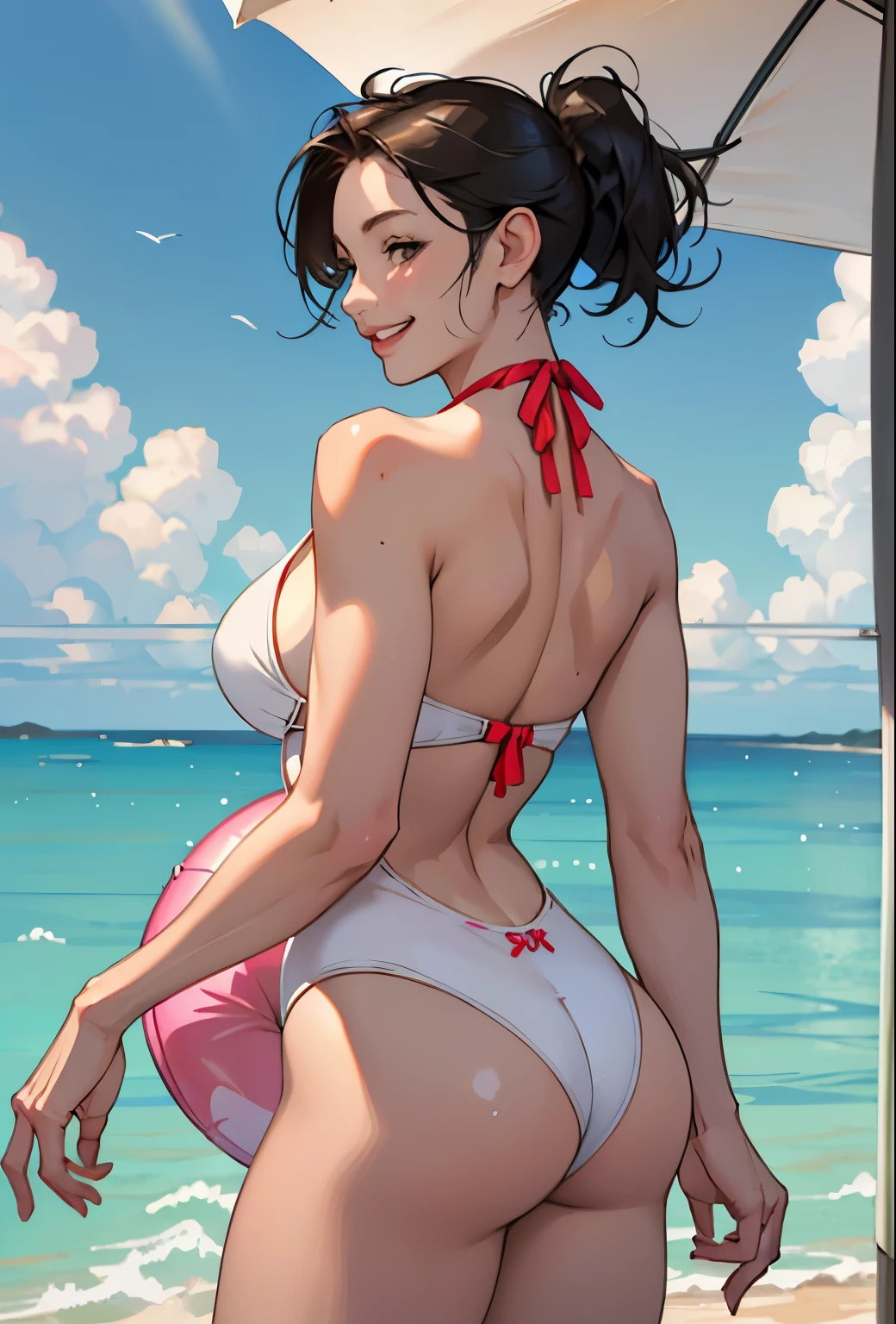 Realistic、Face reality、With a girl、Swimwear、Sexy smile、My breasts have gotten a little bigger、Sexy pose、From the front it looks like a one-piece, but from the back it looks like a mono bikini、