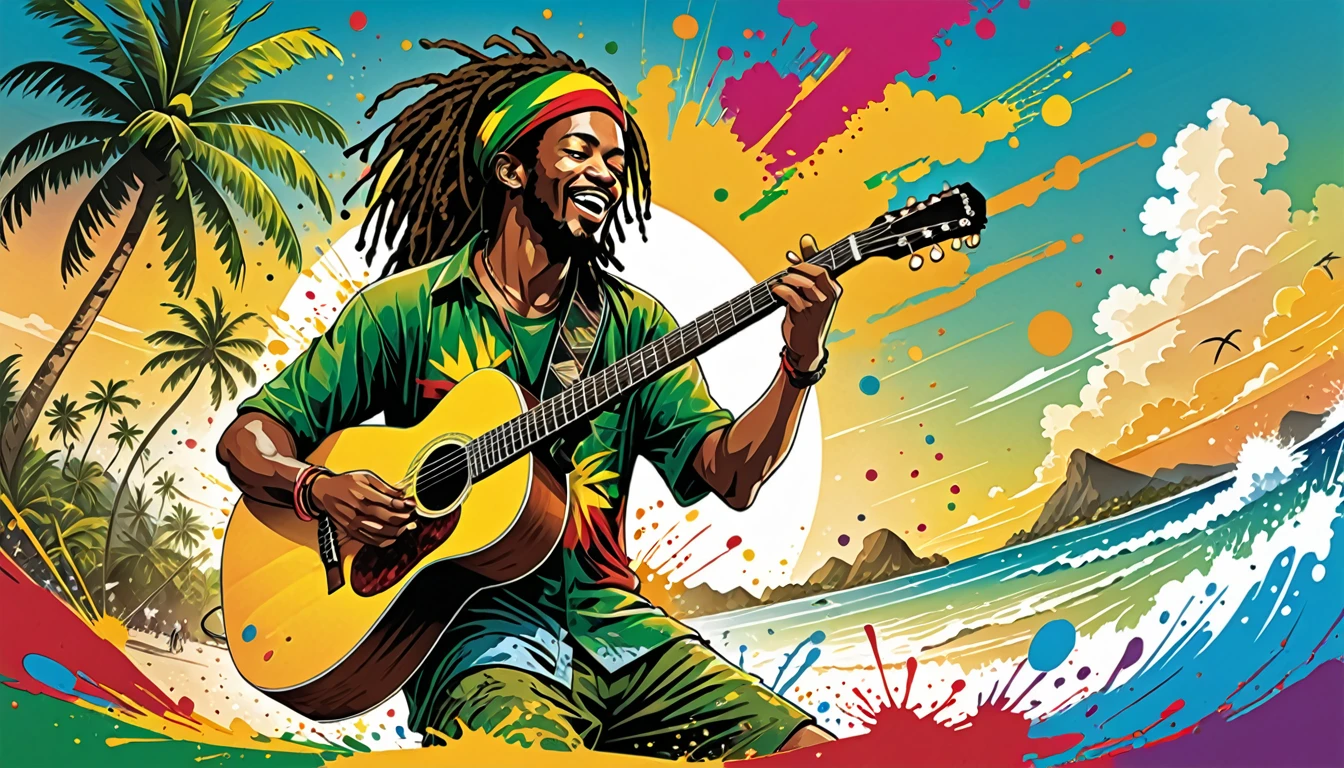 Vector art, Lots of Jamaican Reggae, Authentic Jamaican reggae music atmosphere,Color illustrations, in the center, Vibrant colors, Paint splatters and stains, High detail,
Palm tree,A man is playing the guitar,beach
