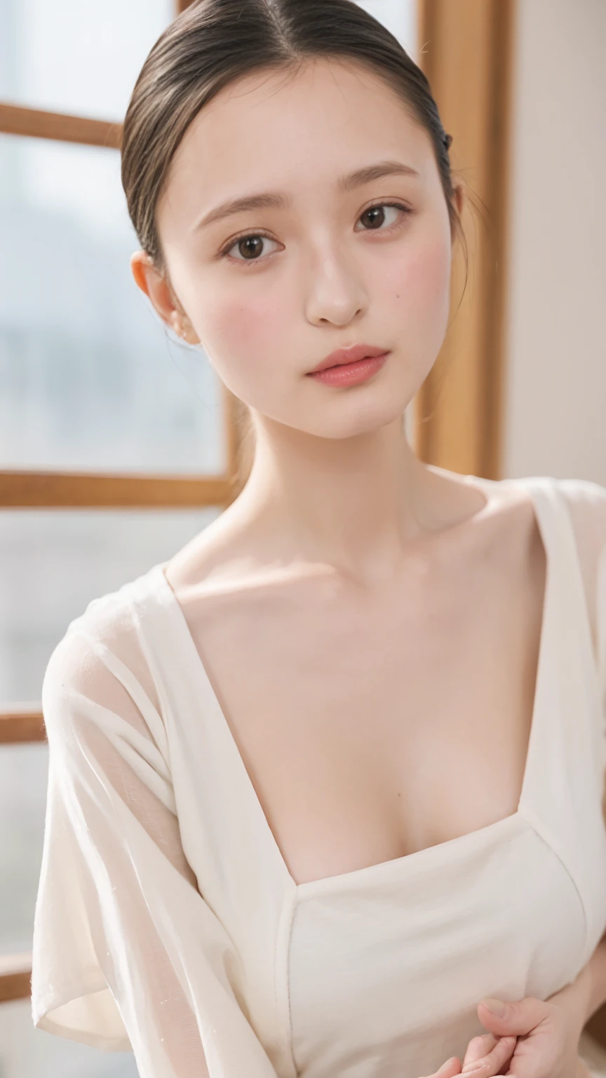 ((Best picture quality, 8K, tmasterpiece:1.3)), 1girll, Beautiful woman with slender abs:1.3, (Casual hairstyle, :1.2), Black low-cut bra,Super large,The skin is very white,Ultra-fine face, A detailed eye, 二重まぶた,ssmile。Take pictures in cute poses,The figure is very bad,tiny small waist,Super big breasts,Close-up,Close-up chest,White-skinned,The background is casual,Close-up Shot Shot