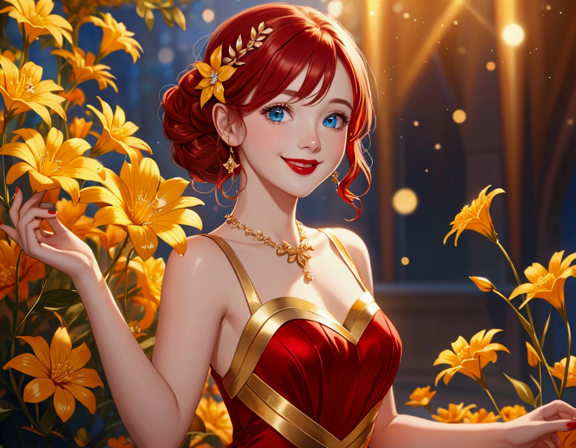 Girl, red dress, gold stripe in the middle of the dress, a shiny gold flower, red hair, blue eyes, and a red lip.smile ,,Cheerful girl,crystalline dress