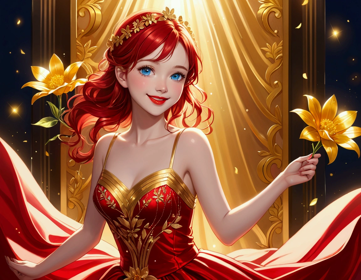 Girl, red dress, gold stripe in the middle of the dress, a shiny gold flower, red hair, blue eyes, and a red lip.smile ,,Cheerful girl,crystalline dress