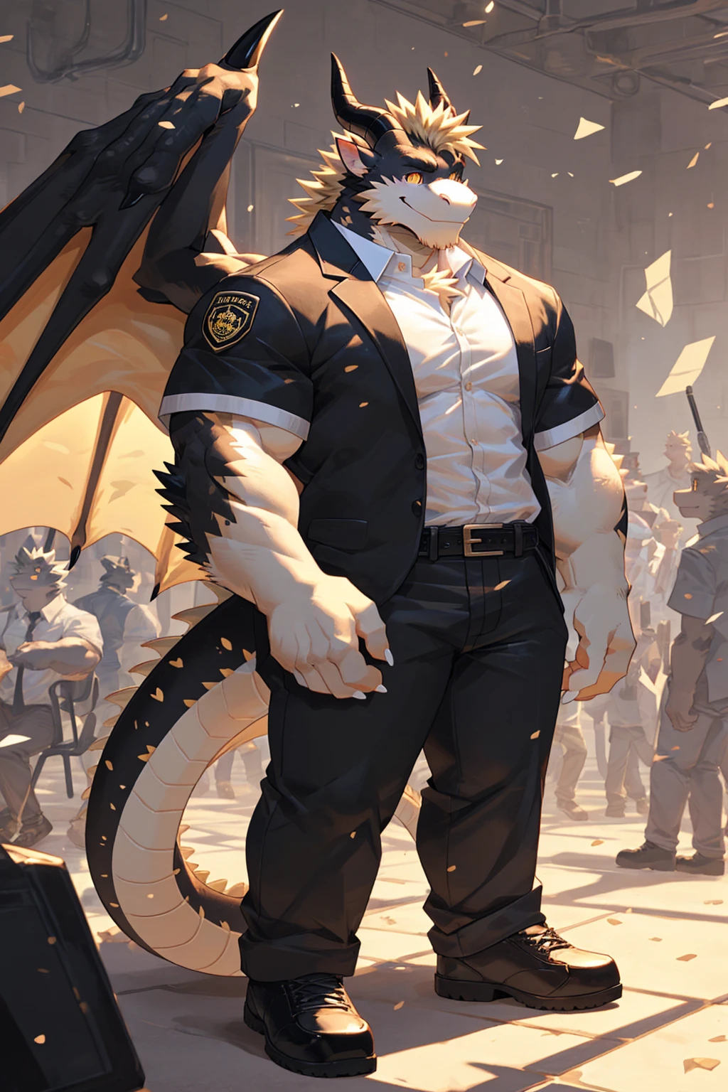 (sfw:1.5), male focus, security guard, Handsome 1boy, solitary，protrait photo, single, (Black eyebrows:1.2), (White nails, White Paws:1.4), (Light blond hair:1.5), (Black and gold dragon wings, Huge black and gold dragon wings:1.3), Black skin, (Black and gold tail:1.4), (Black horn, Black curved corners:1.4), (Black body:1.4), (All black:1.4), (Pale blond chin, Pale golden neck:1.4), Pale golden chest, Light blond chest hair, (perfect golden eyes:1.4), (Black scales:1.3), (Black Hands, Black Hands臂, Black Hands指:1.4), (Black forehead:1.4), 
Western Dragon, dragon, dragon boy, dragon body, feet, (big eyes, large eyes:1.4), (Chubby face, The body is huge, Larger face:1.3), 
(Black short sleeve, White short-sleeved shirt, Black pants, Black short shoes, Black leather belt:1.4), 
(full body:1.3), (Mature men:1.4), (Strong body, muscle,Strong male:1.3), (Thick arms:1.3), (Standing:1.4), (Looking at the audience, Focus, Eyes gaze:1.2), (Smile:1.4), 
full background,ground, Blue sky, White Cloud, ground, School, School大门, security guard亭,
, Mysterious and romantic atmosphere, Caustic lines(refraction, polarization)Perfect anatomical structure, absurd, Detailed background, (Delicate eyes:1.3),Printing style。((artist:Takemoto Arashi))