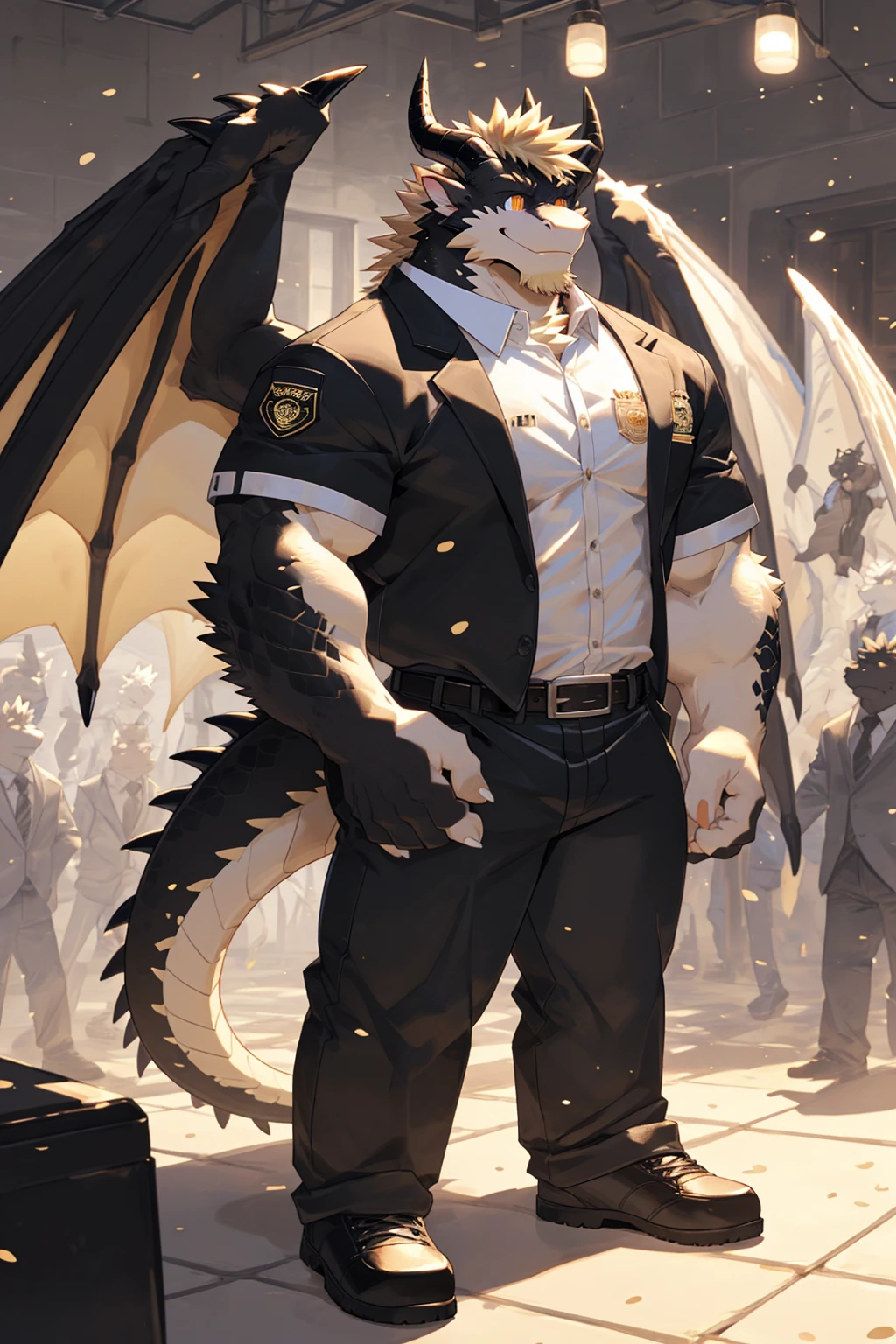 (sfw:1.5), male focus, security guard, Handsome 1boy, solitary，protrait photo, single, (Black eyebrows:1.2), (White nails, White Paws:1.4), (Light blond hair:1.5), (Black and gold dragon wings, Huge black and gold dragon wings:1.3), Black skin, (Black and gold tail:1.4), (Black horn, Black curved corners:1.4), (Black body:1.4), (All black:1.4), (Pale blond chin, Pale golden neck:1.4), Pale golden chest, Light blond chest hair, (perfect golden eyes:1.4), (Black scales:1.3), (Black Hands, Black Hands臂, Black Hands指:1.4), (Black forehead:1.4), 
Western Dragon, dragon, dragon boy, dragon body, feet, (big eyes, large eyes:1.4), (Chubby face, The body is huge, Larger face:1.3), 
(Black short sleeve, White short-sleeved shirt, Black pants, Black short shoes, Black leather belt:1.4), 
(full body:1.3), (Mature men:1.4), (Strong body, muscle,Strong male:1.3), (Thick arms:1.3), (Standing:1.4), (Looking at the audience, Focus, Eyes gaze:1.2), (Smile:1.4), 
full background,ground, Blue sky, White Cloud, ground, School, School大门, security guard亭,
, Mysterious and romantic atmosphere, Caustic lines(refraction, polarization)Perfect anatomical structure, absurd, Detailed background, (Delicate eyes:1.3),Printing style。((artist:Takemoto Arashi))