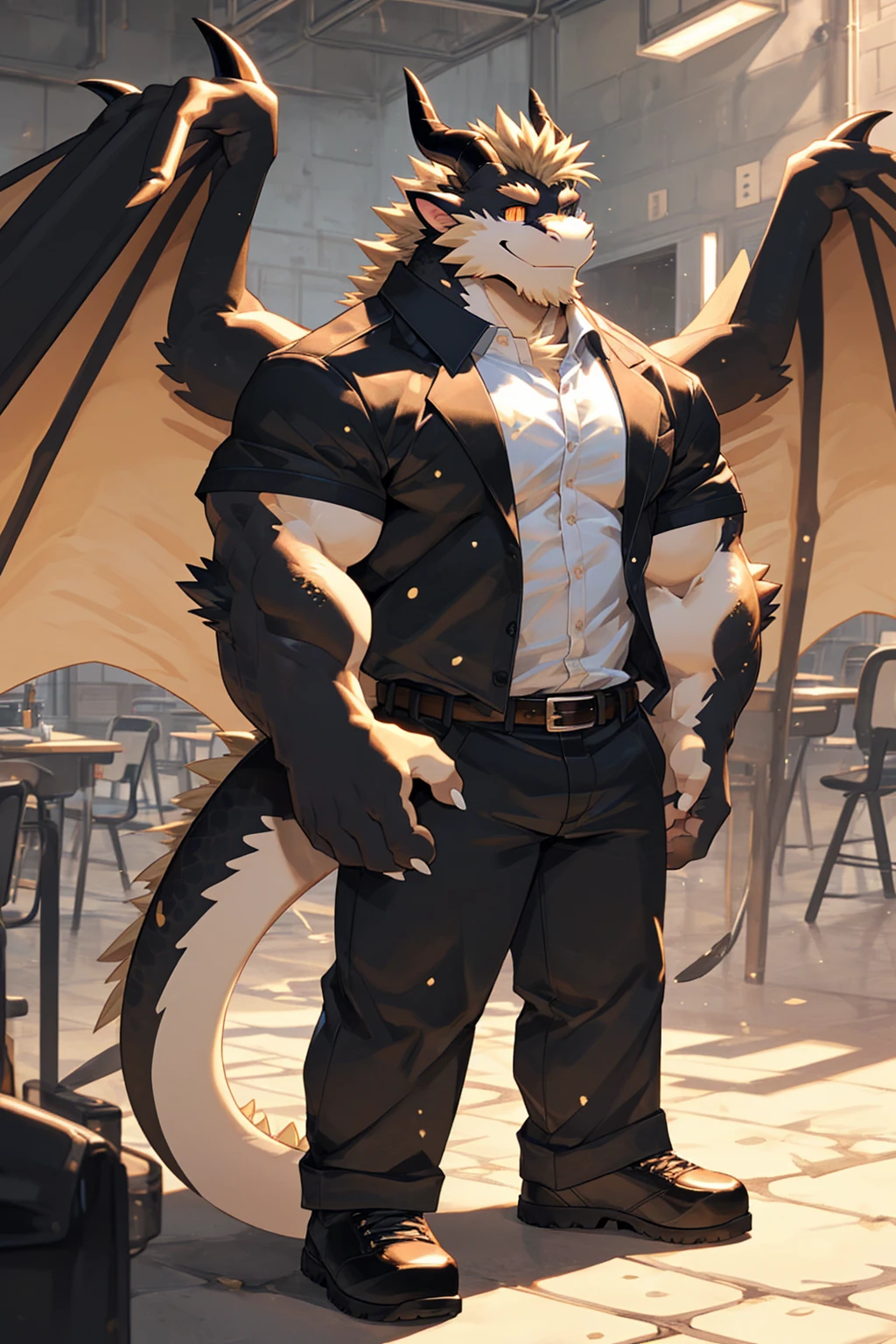 (sfw:1.5), male focus, security guard, Handsome 1boy, solitary，protrait photo, single, (Black eyebrows:1.2), (White nails, White Paws:1.4), (Light blond hair:1.5), (Black and gold dragon wings, Huge black and gold dragon wings:1.3), Black skin, (Black and gold tail:1.4), (Black horn, Black curved corners:1.4), (Black body:1.4), (All black:1.4), (Pale blond chin, Pale golden neck:1.4), Pale golden chest, Light blond chest hair, (perfect golden eyes:1.4), (Black scales:1.3), (Black Hands, Black Hands臂, Black Hands指:1.4), (Black forehead:1.4), 
Western Dragon, dragon, dragon boy, dragon body, feet, (big eyes, large eyes:1.4), (Chubby face, The body is huge, Larger face:1.3), 
(Black short sleeve, White short-sleeved shirt, Black pants, Black short shoes, Black leather belt:1.4), 
(full body:1.3), (Mature men:1.4), (Strong body, muscle,Strong male:1.3), (Thick arms:1.3), (Standing:1.4), (Looking at the audience, Focus, Eyes gaze:1.2), (Smile:1.4), 
full background,ground, Blue sky, White Cloud, ground, School, School大门, security guard亭,
, Mysterious and romantic atmosphere, Caustic lines(refraction, polarization)Perfect anatomical structure, absurd, Detailed background, (Delicate eyes:1.3),Printing style。((artist:Takemoto Arashi))