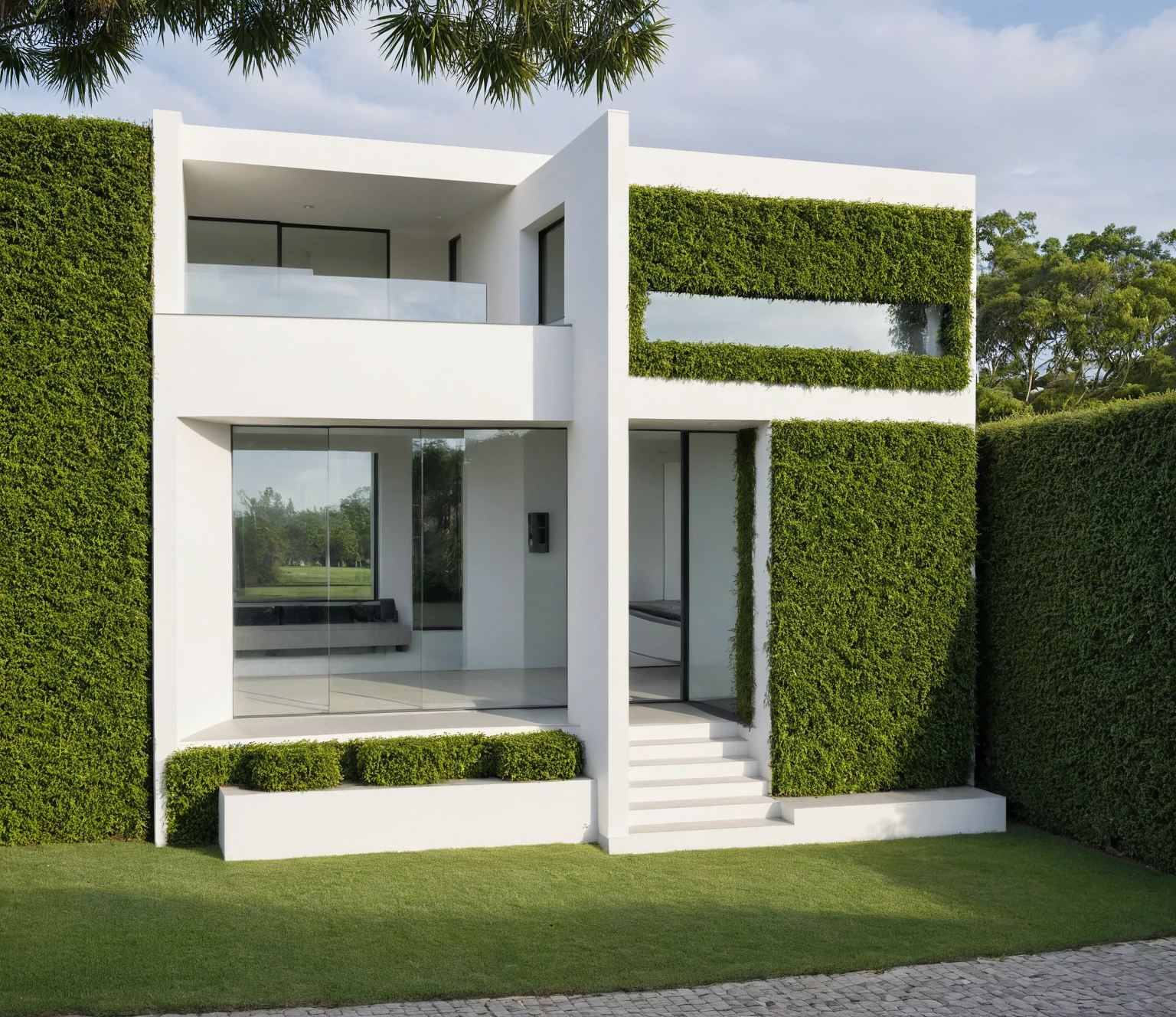 A wide angle shot shows the front view of a contemporary two-story villa with white walls and glass windows, design by Tadao ando,surrounded by lush greenery, adorned with vibrant tropical plants,architecture photography award, iwan baan, Taken on a Canon EOS R5 using a Canon RF 24-70mm f/2.8L IS USM lens at an F3.2 aperture setting in the style of Canon --ar 16:9 --c 5 --s 50 --v 6.0