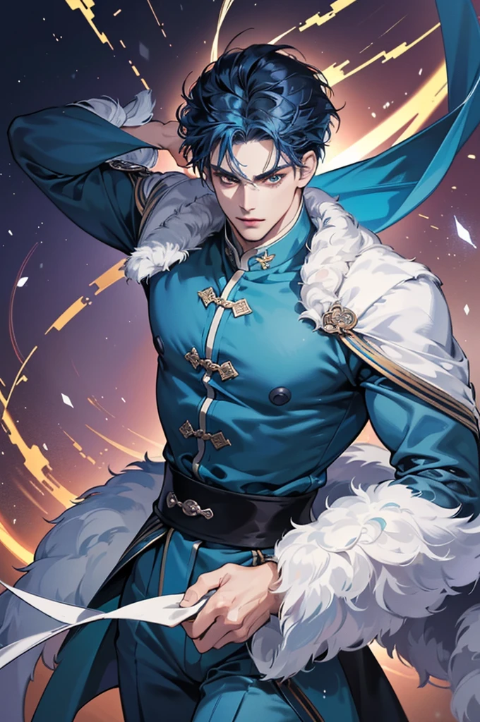(Highest quality,4K,8K,High resolution,masterpiece:1.2),30-year-old male,Handsome Anime,No background,strong,Masculine,Dark blue hair,Sharp jawline,Captivating eyes,Perfectly styled hair,Medium Hair,Chinese clothing,Blue clothes,Confident expression,Vibrant colors,Dynamic Lighting