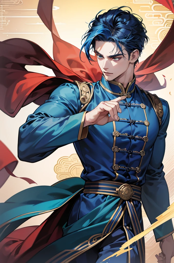 (Highest quality,4K,8K,High resolution,masterpiece:1.2),30-year-old male,Handsome Anime,No background,strong,Masculine,Dark blue hair,Sharp jawline,Captivating eyes,Perfectly styled hair,Medium Hair,Chinese clothing,Blue clothes,Confident expression,Vibrant colors,Dynamic Lighting