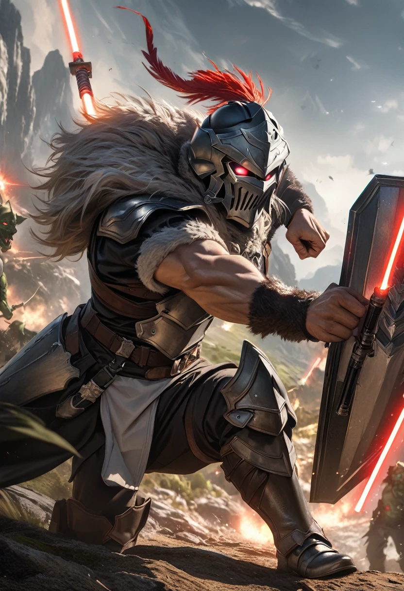 perfect hands, perfect finger,perfect anatomy, masterpiece, best quality,realistic, hyperrealistic, 16k hdr,1 muscular man,,goblin slayer, armor, helmet, green glowing eye, plume, fur collar, (Lightsabers,shield:1.4),fantasy world,outdoor,fighting pose,dynamic pose,upper body,dynamic angle
