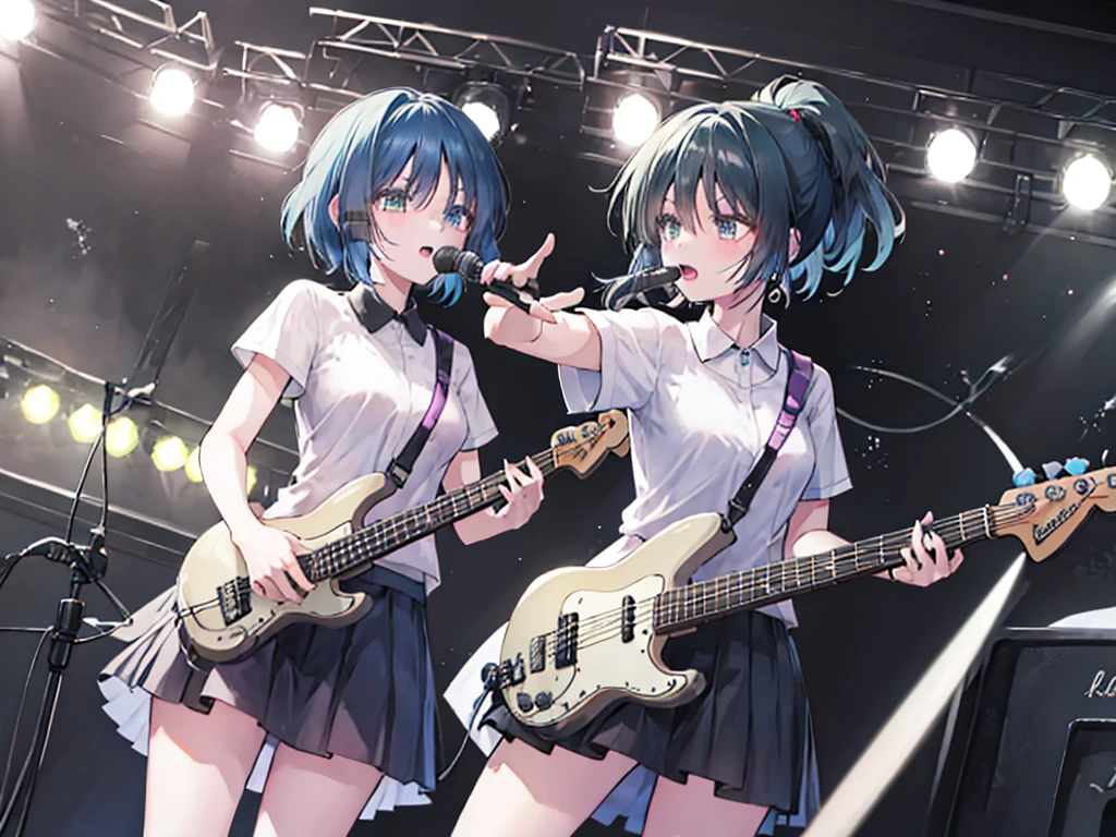 Two Girls,Guitar and vocals,Black Mini Skirt,short cut and ponytail,Music Stage,Singing passionately