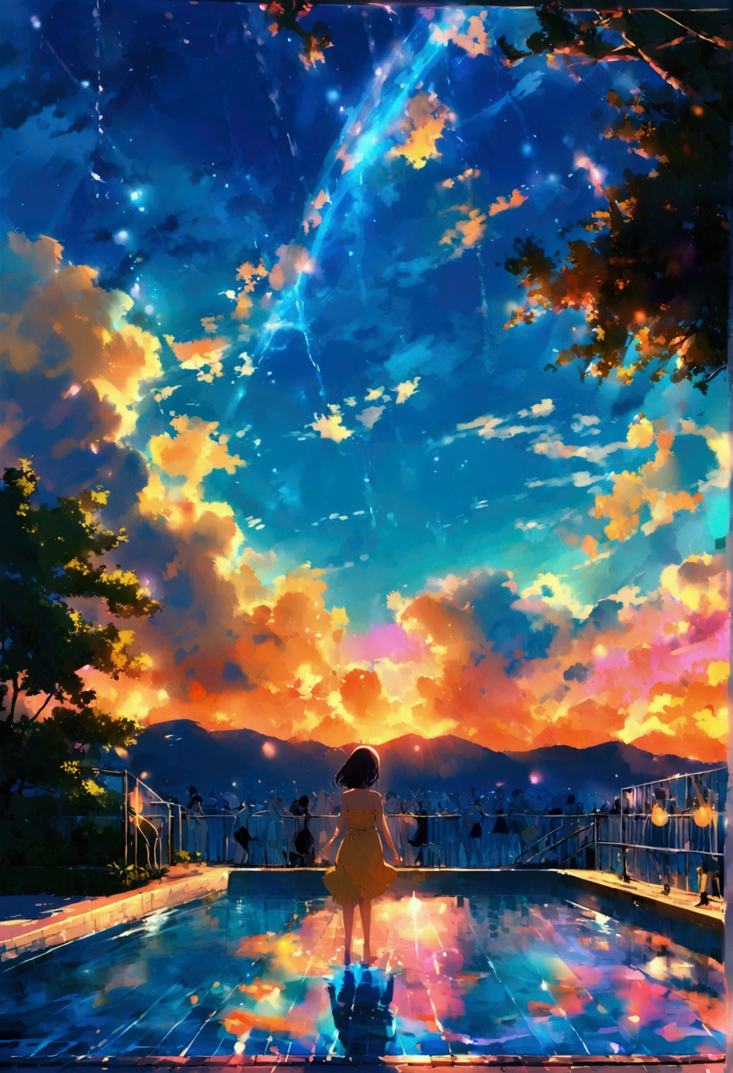 Many people in summer dresses are dancing by the pool、summer night