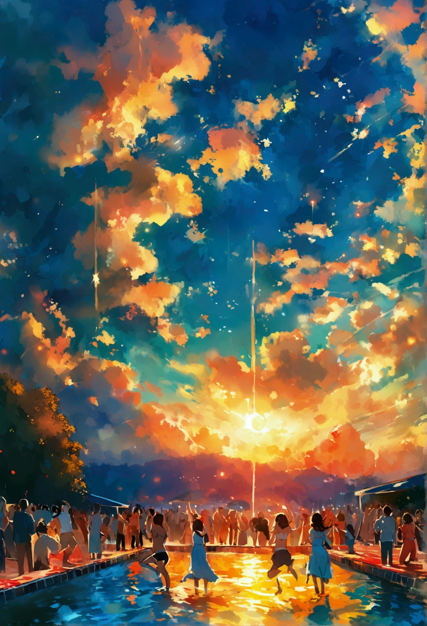Many people in summer dresses are dancing by the pool、summer night